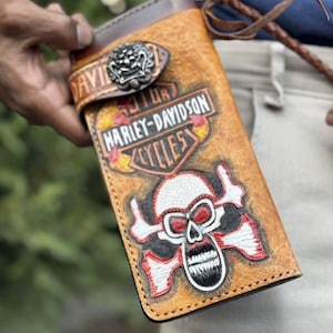 Schädel geschnitzte Brieftasche, geschnitzte Leder Biker Brieftasche Kette, Bifold Western Cowboy Brieftasche, Motorrad-Brieftasche, Leder Geschenk für Männer, Geschenk für Papa