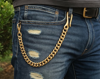 Brass Wallet Chain, Biker Wallet Chain, Streetwear Wallet Accessory, Cowboy Trouser Chain, Heavy-Duty Brass Key Chain Gift for Him
