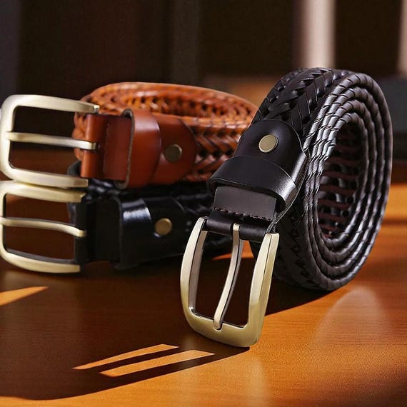 3.3 CM Leather Braided Belt With Gold Buckle, Extra Long 