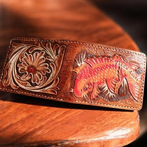 Koi Fish Leather Mens Wallet, Custom Animal Fish Pattern, Handmade Western Leather Bifold, Christmas Gift for Him, Personalized Wallet