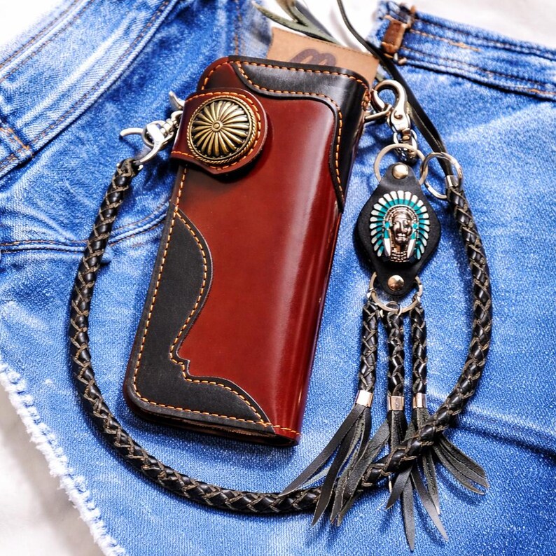 Leather Chain Wallet for Men, Vintage Western Long Wallet, Two Tone Handmade Bifold with Concho Snap, Birthday Gift for Boyfriend