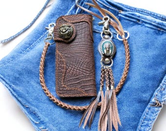 Regalo de San Valentín para él, billetera con cadena, billetera de cuero para motocicleta, billetera larga para hombre, billetera de cuero para motociclista hecha a mano, regalo para papá y novio
