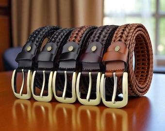 Blue Genuine Split Cowhide Genuine Leather Woven Weaved Gold Buckle Belt Size M Blue Genuine Split Cowhide Genuine Leather Woven Weaved Gold  main image 3