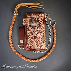 Cadena de billetera de motociclista de cuero, billetera tallada en flores, billetera de vaquero occidental bifold, billetera de motocicleta, billetera larga hecha a mano, regalo de cuero para hombres