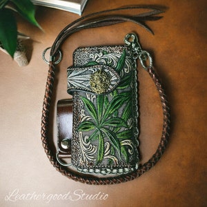 Leder Biker Brieftasche Kette, Unkraut geschnitzte Brieftasche, Bifold Western Cowboy Brieftasche, Motorrad Brieftasche, handgemachte lange Brieftasche, Leder Geschenk für Männer,