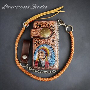 Geschnitzte Leder Biker Brieftasche Kette, handgefertigte lange Brieftasche, zweifache westliche Cowboy Brieftasche, Motorrad-Brieftasche, Leder Geschenk für Männer, Geschenk für Papa
