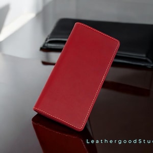 Cartera plegable delgada para hombre / Cartera larga de cuero hecha a mano / Cuero marrón / Bolsillo para teléfono / Minimalista / Regalo de cumpleaños