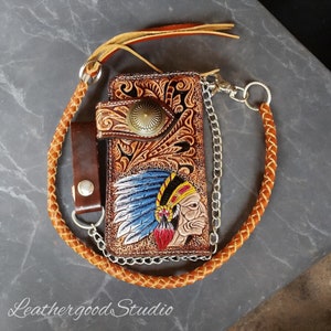 Geschnitzte Leder Biker Brieftasche Kette, indigene Häuptlings-Brieftasche, Bifold Western Cowboy Brieftasche, Motorrad-Brieftasche, Leder Geschenk für Männer, Brieftasche