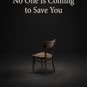 Puede incluir: Una silla de madera solitaria sobre un fondo oscuro. El texto "No One Is Coming to Save You" se muestra sobre el nombre del autor, "Dr. Adam."