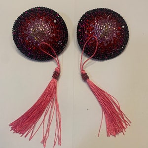 Wine to Pink pair of tasseled pasties from the Think Pink Collection, handmade pasties by showgirl Lana Violette