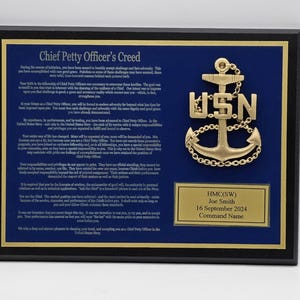 Chief Petty Officer Plaque (CPO) #5 - Blue Brass on Black Plaque w/ Raised Anchor 9x12