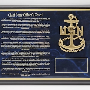 Chief Petty Officer Plaque (CPO) #7 - Blue Marble Brass on Black Plaque w/ raised Anchor 9x12
