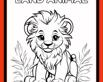 Pode incluir: Um desenho a preto e branco de um filhote de leão sentado sobre as patas traseiras. O filhote de leão tem uma juba espessa e está a olhar para o observador. A imagem é intitulada "ANIMAL TERRESTRE" e "LEÃO".