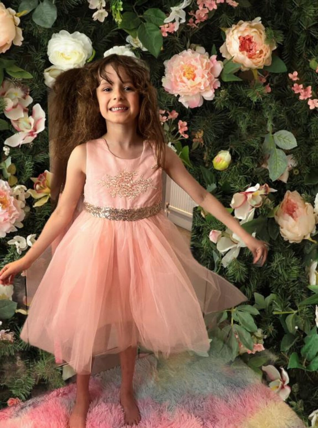 Hoorain Peach Girls Party Dress with Bow Back Detail main image 1