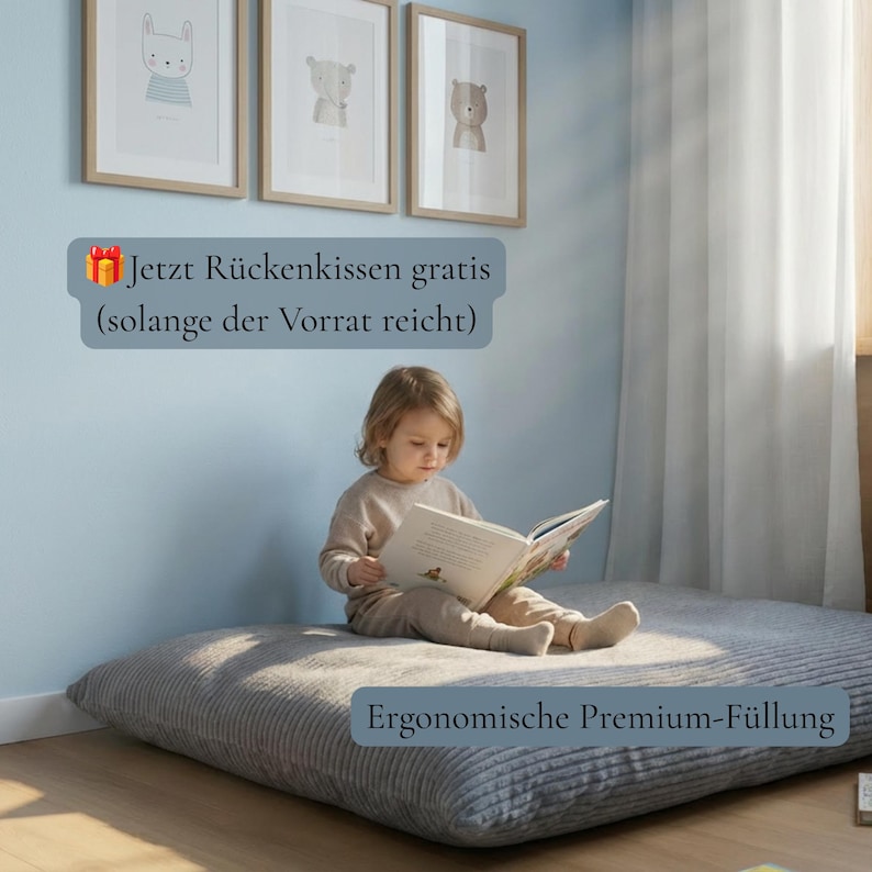 Op de afbeelding: Een laag, rechthoekig vloerkussen van gestructureerde grijze stof. Het kussen heeft een zacht, gewatteerd oppervlak en ligt op een houten vloer. De tekst op de afbeelding luidt: "Jetzt R&uuml;ckenkissen gratis (solange der Vorrat reicht)" en "Ergonomische Premium-F&uuml;llung".