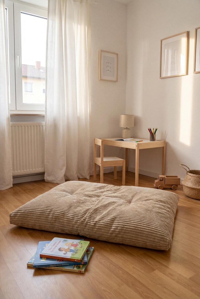 Op de afbeelding: Een rechthoekig vloerkussen van beige corduroy met getufte details, geplaatst op een houten vloer. Een kleine stapel kinderboeken met kleurrijke ge&iuml;llustreerde covers ligt op de vloer bij de rand van het kussen.