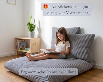 3-teiliges ergonomisches Kinder Bodenkissen Set **inkl. gratis Rückenkissen**. Memory Foam Sitzkissen – Waschbar – Montessori Kissen – Prem