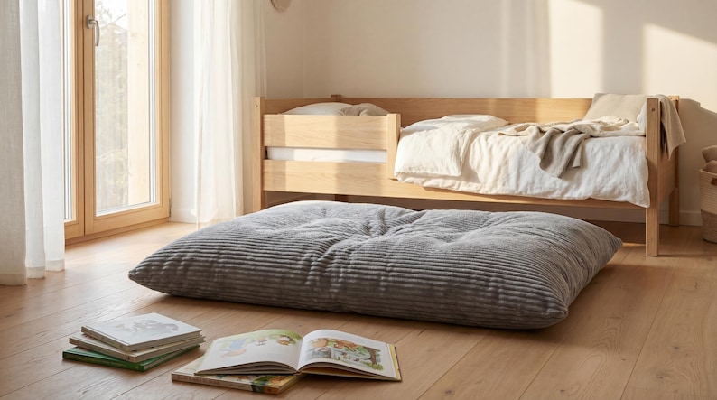 Ergonomisches Kinder Bodenkissen XL **inkl. gratis Rückenkissen** – Memory Foam Sitzkissen – Waschbar – Montessori Kissen Marshmallow - Grau