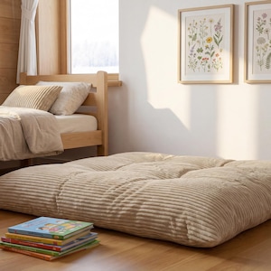 Op de afbeelding: Een groot, vierkant vloerkussen van beige corduroy met getufte details, rustend op een houten vloer. Het kussen heeft een gestructureerd, geribbeld stoffen oppervlak en staat bij een stapel kleurrijke kinderboeken in een kamer.