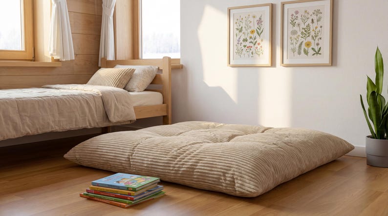 Op de afbeelding: Een groot, vierkant vloerkussen van beige corduroy met getufte details, rustend op een houten vloer. Het kussen heeft een gestructureerd, geribbeld stoffen oppervlak en staat bij een stapel kleurrijke kinderboeken in een kamer.