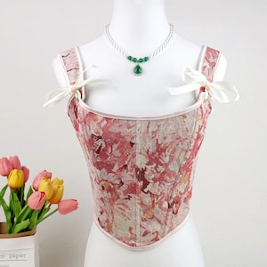Pink Daisy Corset Top, Floral Renaissance Corset Top, Upper Bust Back Lace Corset, Custom Plus Corset Bodice, Victorian Milkmaid Corset Top