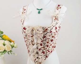 Corduroy Floral Corset Top, Garden Renaissance Fairy Corset, Custom Size Corset Bustier, Overbust Lacing Corset, Victorian Flower Corset
