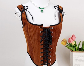 Corduroy Corset Top, Retro Renaissance Corset, Custom Large Size Corset Top, Overbust Front Lacing Corset Bodice, Ren Faire Corduroy Top