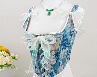 Fairy Renaissance Corset Top, Blue Floral Corset Top, Custom Plus Bustier Corset, Upper Bust Front Lace Corset, Victorian Milkmaid Corset