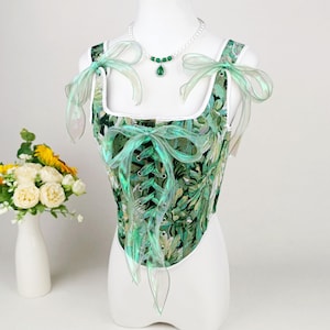 Corset Renaissance elfe vert, haut corset floral féerique, gilet corset bustier à laçage sur le devant, corsage corset victorien pour costume Outlander