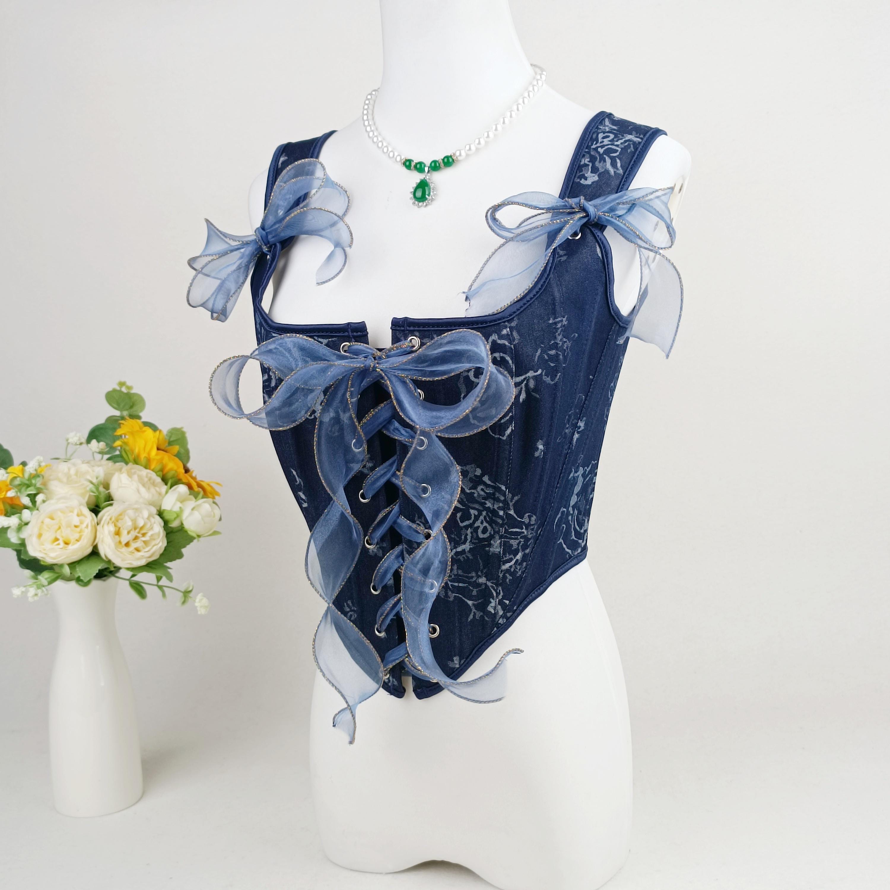 Denim Blue Floral Corset, Princess Renaissance Corset Top, Front Lacing Overbust Corset Bodice, Cottagecore Corset Bodice, Inspired Stays
