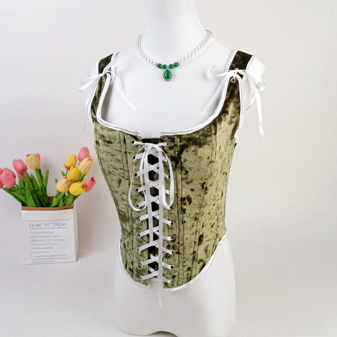 Ruffled Lace Trim Boned Corset Top Green Renaissance Christmas Lingerie - Xs