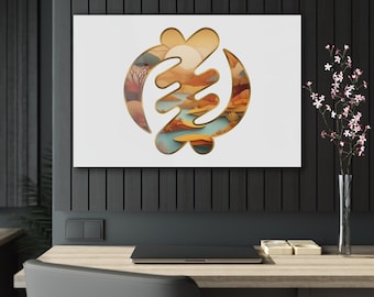 May include: A white canvas print with a gold Adinkra symbol, the Sankofa, featuring a landscape scene with a river, trees, and a sun. The symbol is surrounded by a gold outline.