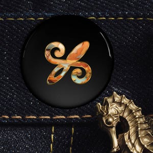 May include: A black button with a gold-colored swirl design. The swirl is filled with a colorful landscape pattern.