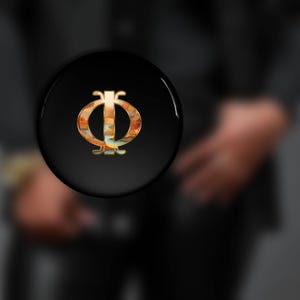 May include: A black circle with a gold Greek letter Phi in the center. The letter is stylized with a textured, orange and blue design.