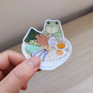 Pegatina de rana y ramen, pegatina de ramen japonés, pegatina de rana, pegatina de animales, pegatina brillante, pegatina deco, pegatina hecha a mano, animales del bosque