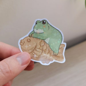 Pegatina de rana y Taiyaki, pegatina de Taiyaki, pegatina de rana linda, pegatina de animales, pegatina Kawaii, pegatina deco, pegatina hecha a mano, comida japonesa