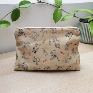 Borsa per cosmetici rane e conigli, borsa per il trucco con rane e conigli, tessuto giapponese, Ukiyo-e, borsa per cosmetici foderata, borsa in tessuto di cotone, Ukiyoe