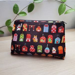 Borsa cosmetica Omamori, tessuto giapponese, borsa cosmetica giapponese, illustrazione Shiba Inu, borsa cosmetica foderata, borsa in tessuto di cotone, borsa Anime
