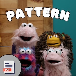 Könnte beinhalten: Eine Gruppe farbenfroher Puppencharaktere mit großen Augen und flauschigen Texturen. Das Wort "PATTERN" steht in großen, weißen Buchstaben im Cartoon-Stil über den Puppen. Ein PDF-Symbol befindet sich in der unteren linken Ecke.