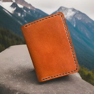 May include: A brown leather wallet with a stitched edge. The wallet is lying on a gray surface with a mountain range in the background.