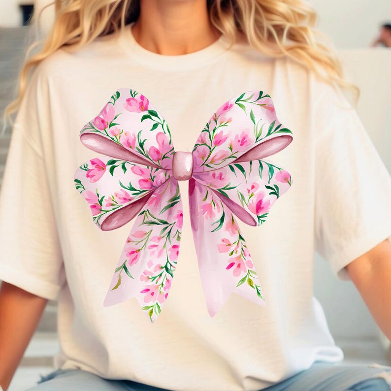 May include: A white t-shirt with a large pink bow printed on the front. The bow is made of a pink ribbon with a floral pattern.