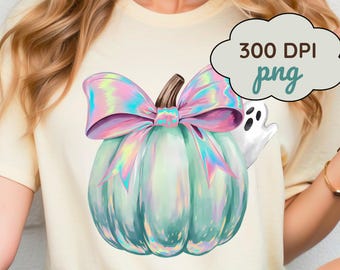 Iridescent Peeking Ghost Pumpkin PNG - Coquette Halloween Design - Downloadable Pumpkin Design - Halloween PNG - Halloween Coquette Design
