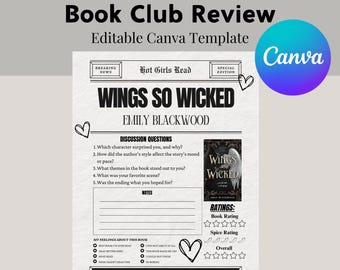 Newspaper Book Template - Editable Book Club Guide - Book Club Printable - Book Review - Book Club Review - Book Club Discussion Template