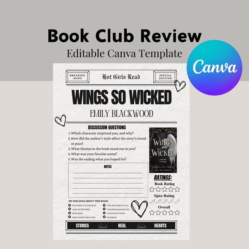 May include: A printable book club review template for the book "Wings So Wicked" by Emily Blackwood. The template features a black and white newspaper design with a book cover image, discussion questions, and a rating section.