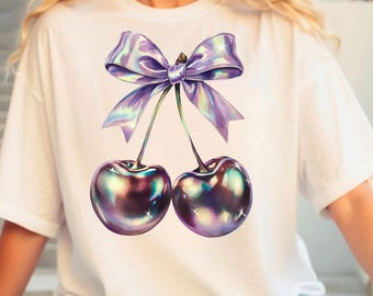 Purple Iridescent Cherry PNG Design - Downloadable Cherry PNG - Cherry Designs For T-Shirts - Coquette Designs - Coquette Cherry Design