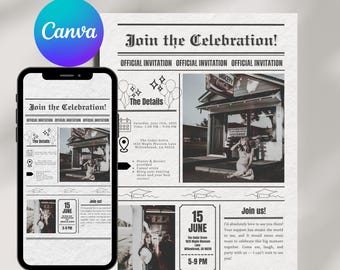 Graduation Party Invitation Template - Editable Newspaper Graduation Canva Template - Printable Card Invitation - Grad Invite Template