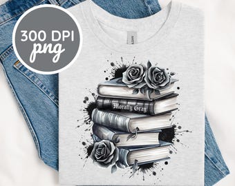 May include: A gray t-shirt with a black and white illustration of a stack of books with black roses and the text "Morally Gray".