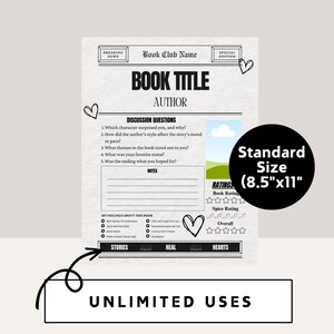 May include: Printable book club discussion guide with a newspaper-style design. The guide includes a title and author section, discussion questions, and a rating section. The text "Standard Size (8.5"x11")" is in a white box with a black border.