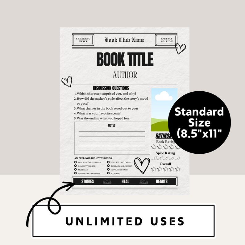 May include: Printable book club discussion guide with a newspaper-style design. The guide includes a title and author section, discussion questions, and a rating section. The text "Standard Size (8.5"x11")" is in a white box with a black border.