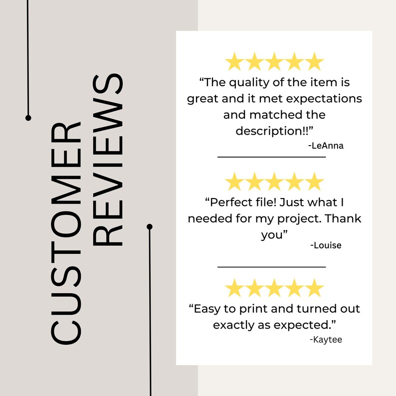 May include: Three customer reviews with five-star ratings and positive comments about the quality, usefulness, and ease of use of a product. The reviews include the text "The quality of the item is great and it met expectations and matched the description!!", "Perfect file! Just what I needed for my project. Thank you", and "Easy to print and turned out exactly as expected."